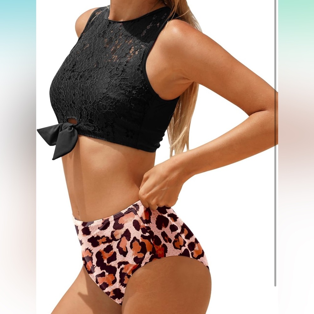 Two Piece Lace Bikini Tie Knot Front High Waisted